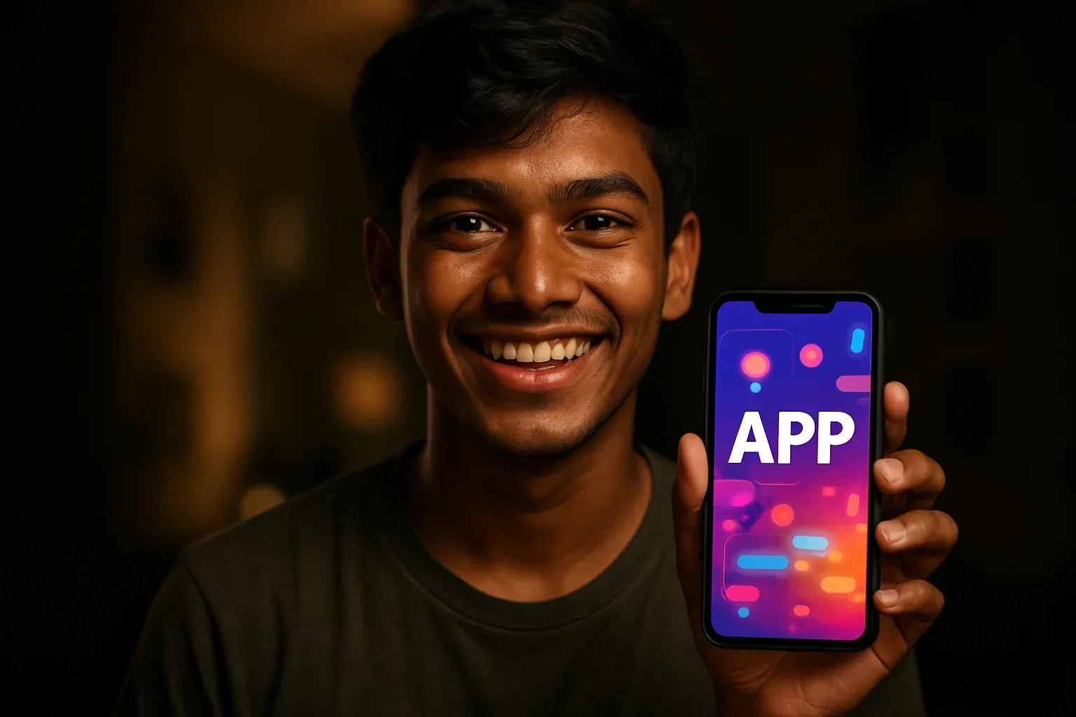 Smiling young Bangladeshi man holding smartphone with glowing gaming app screen
