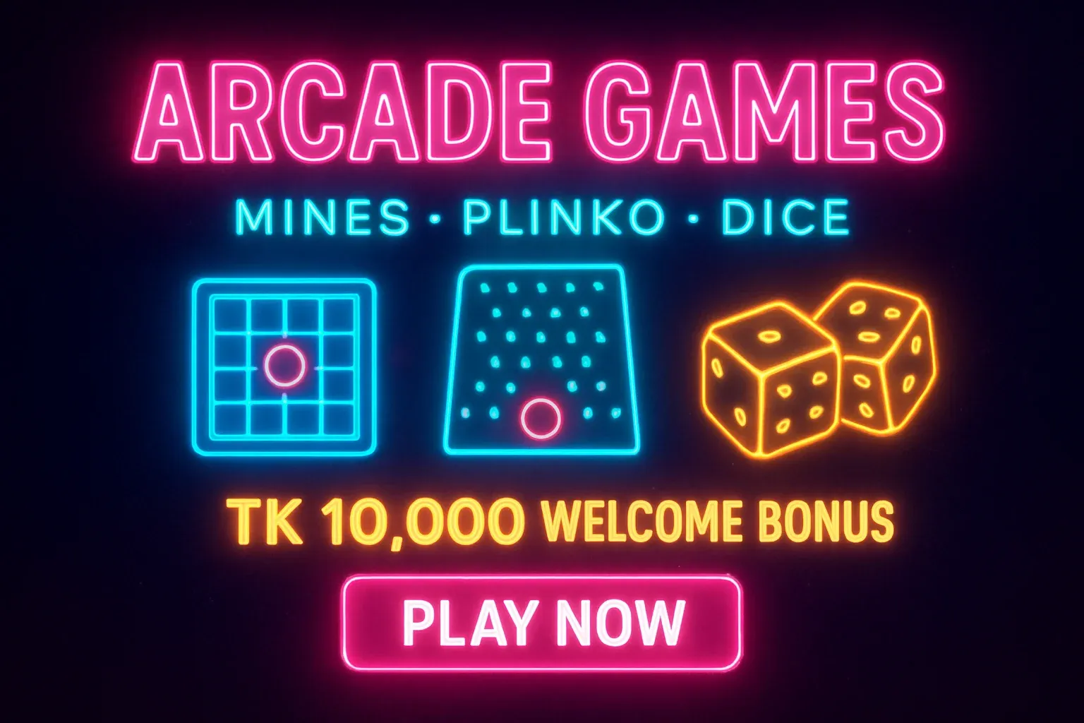 Neon arcade games banner with mines, plinko, dice, bonus CTA