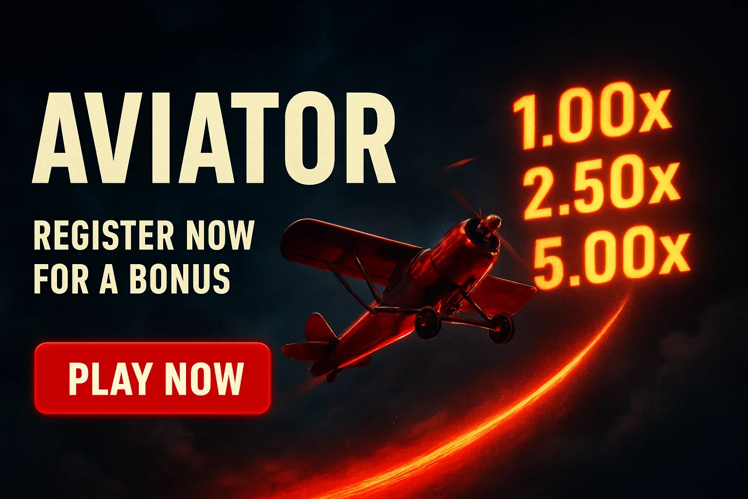 Aviator crash game banner with red plane, multipliers, and play button