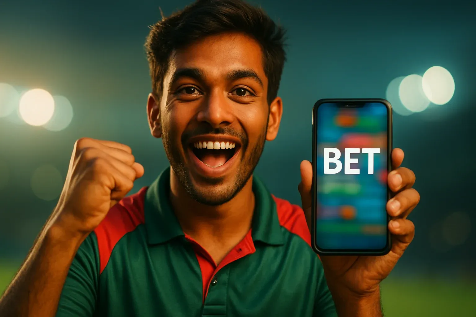 Excited Bangladeshi man holding smartphone with sports betting screen saying BET
