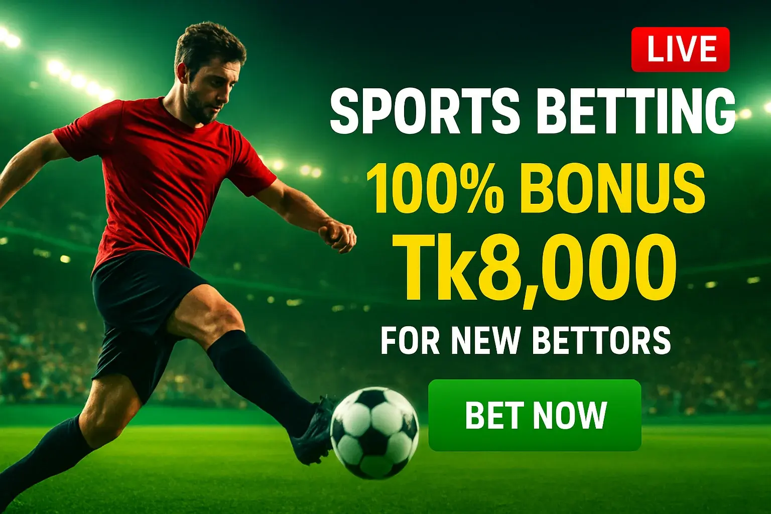 Sports betting banner with footballer, stadium, bonus offer, and bet now button