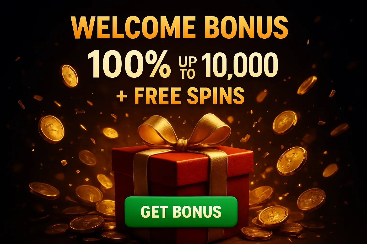 Casino welcome bonus banner with gift box, coins, confetti, and CTA