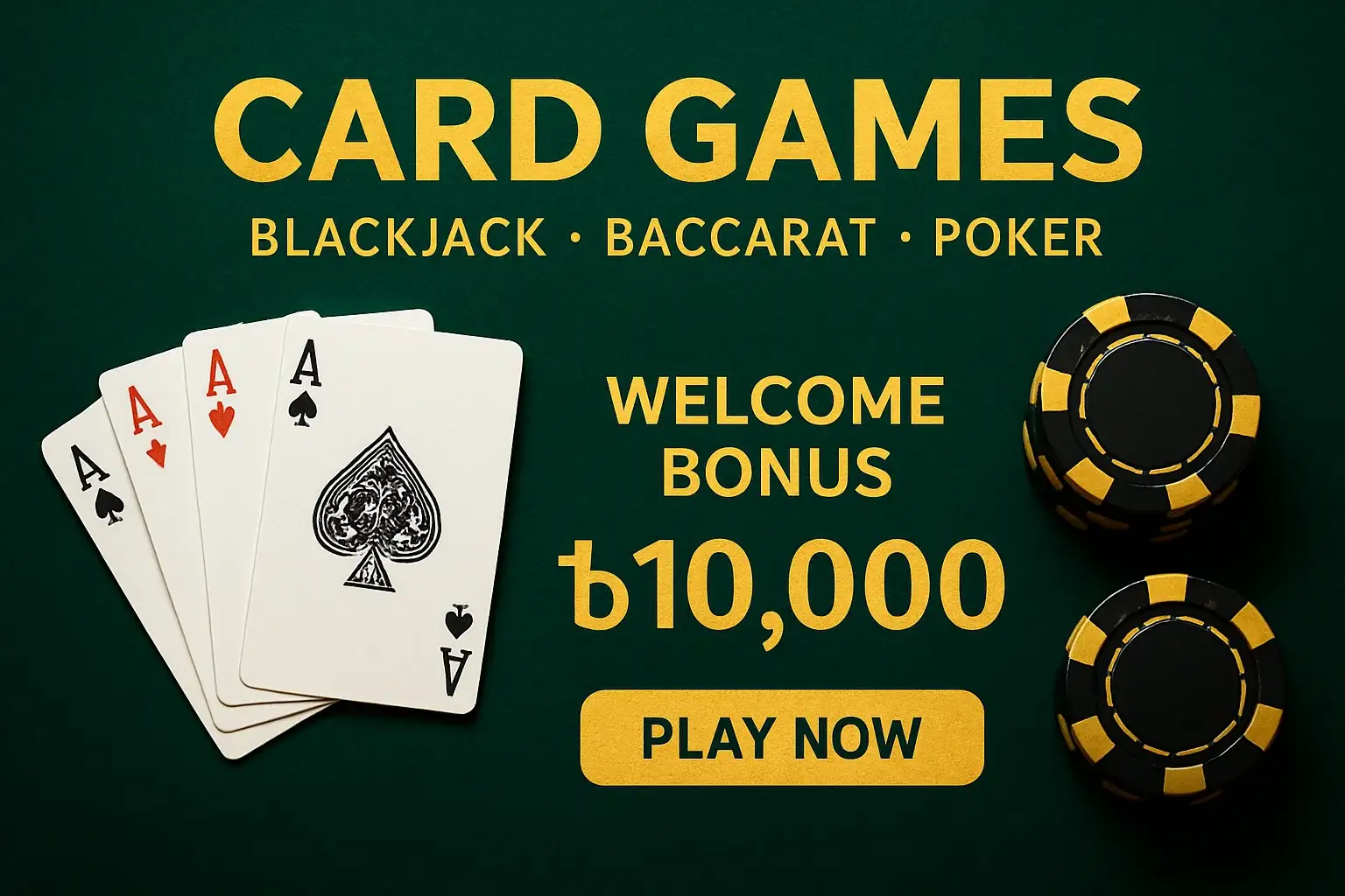 Card games banner with playing cards, chips, bonus, and play button