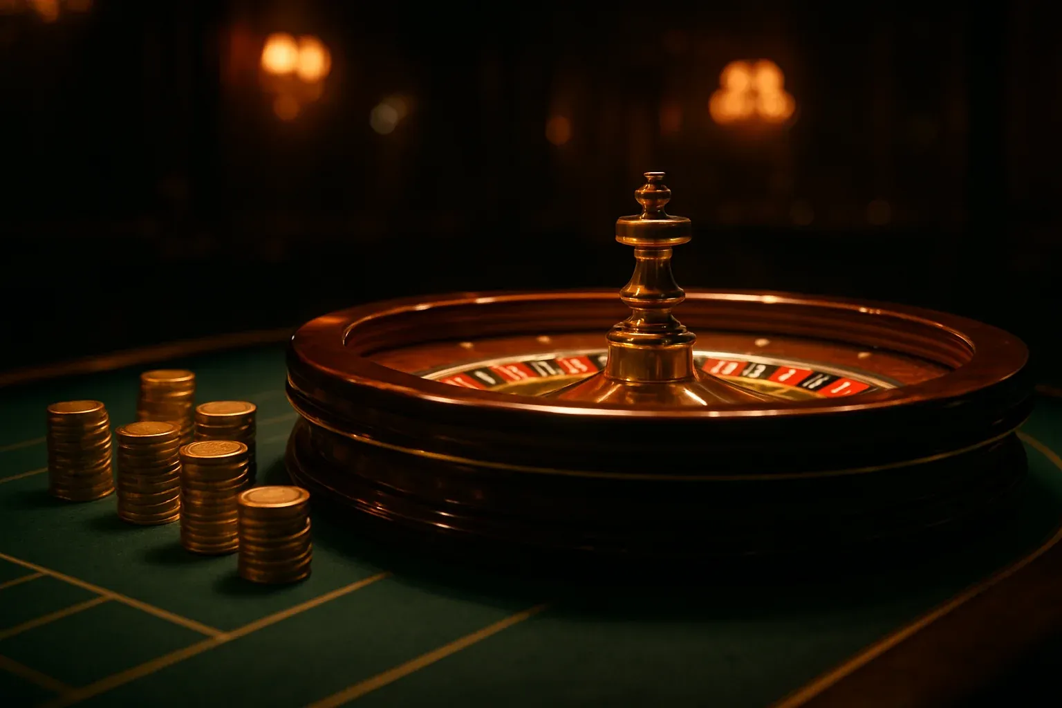 Elegant live casino table with glowing roulette wheel and golden chips