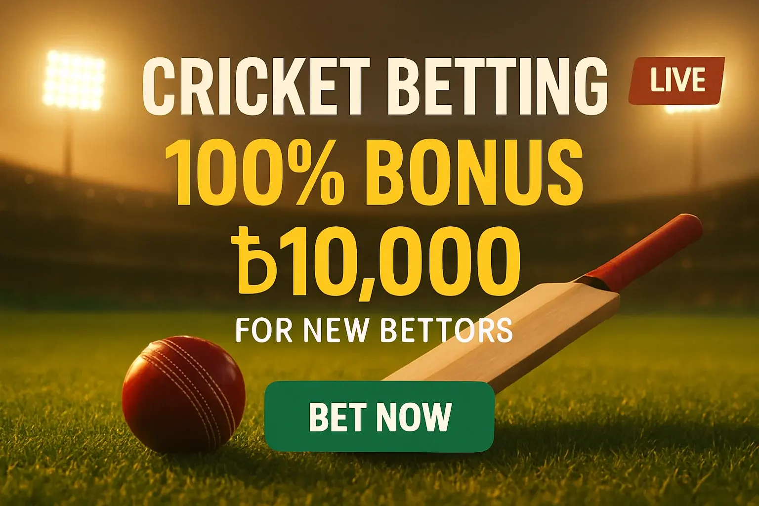 Cricket betting banner with bonus offer, bat, ball, stadium lights