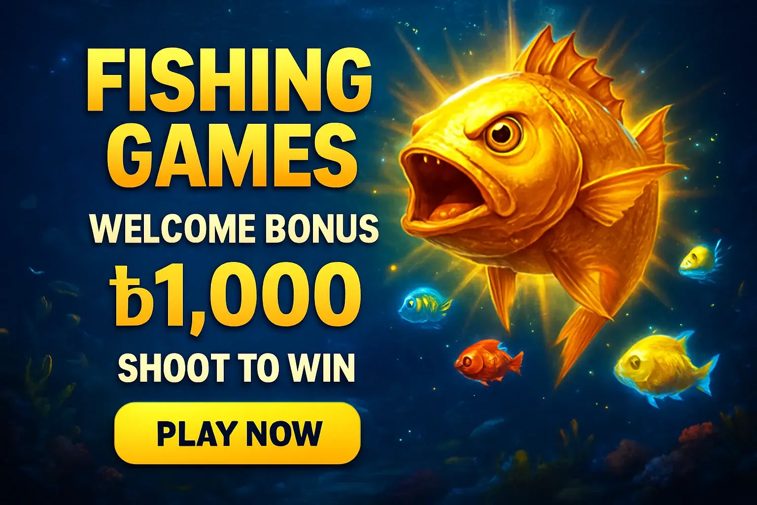 Underwater fishing game banner with golden boss fish and bonus offer