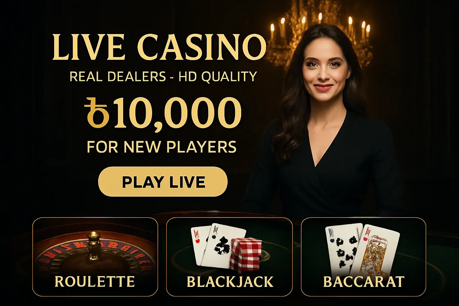 Live casino banner with female dealer, roulette table, gold lighting