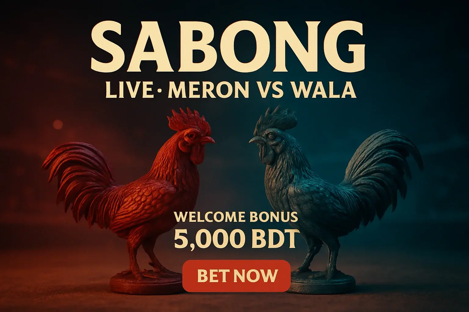 Live sabong banner with decorative rooster figurines and bonus offer